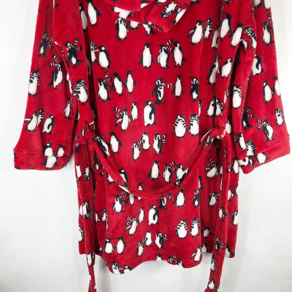 Vera Bradley Small Medium Robe Playful Penguins Red Mini Belted Fleece Lounge D - Picture 7 of 8